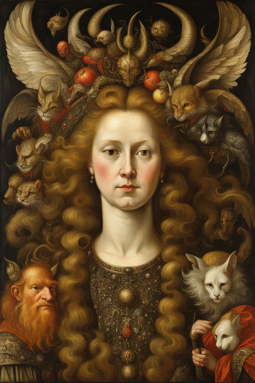 a Flemish Renaissance era oil painting of an otherworldly, richly adorned, demoness , highly detailed hair and facial features, in the style of Pieter Brueghel, Jan van Eyck, Quentin Matsys, and Hieronymus Bosch, aged canvas, antique craquelure finish, archaic museum quality masterpiece, 4k