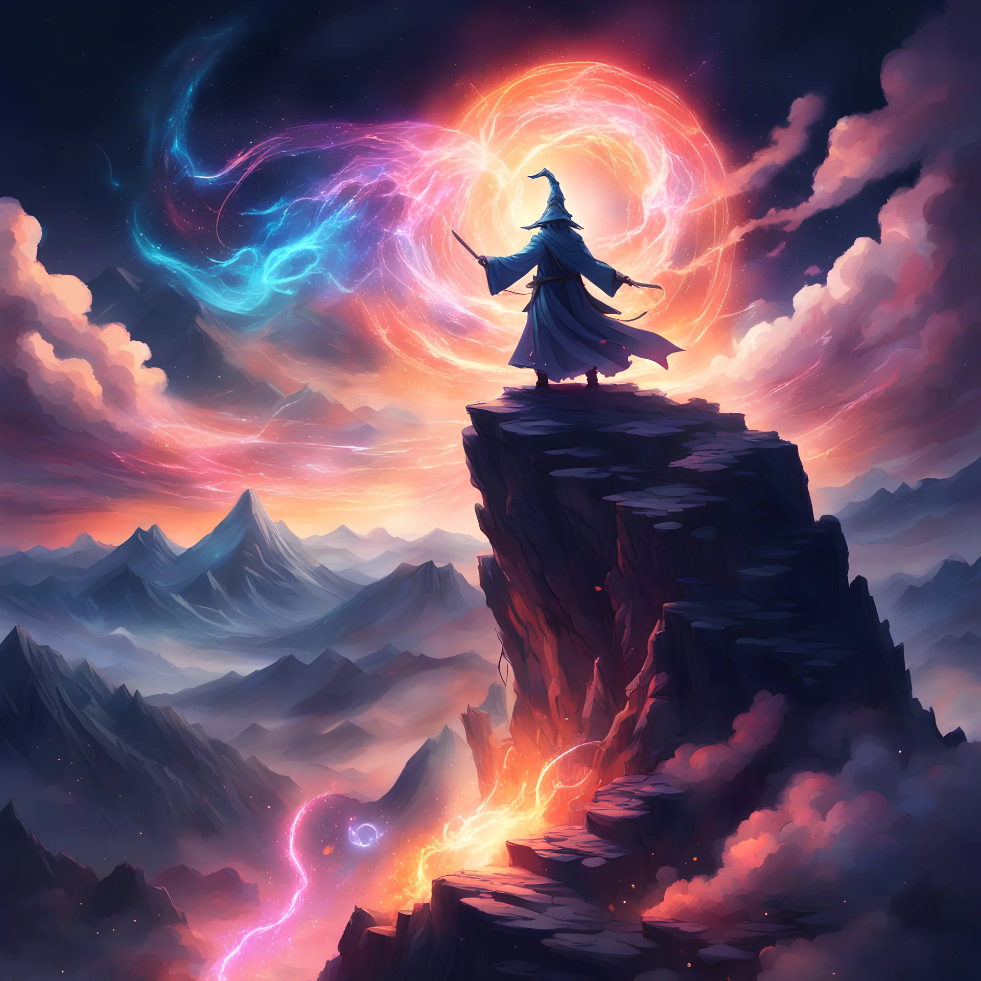 Epic anime artwork of a wizard atop a mountain at night, casting a cosmic spell into the dark sky that says "Stable Diffusion 3" made out of colourful energy with dragon