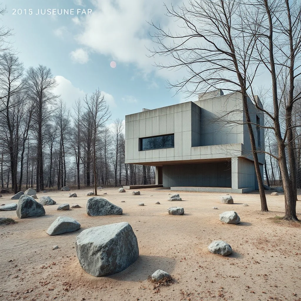 Photograph, taiga trees, a fake house, brutalist concrete architecture, Bau zone, all'aria aperta, rocce, sky, brutalist, liquid, polvere, red spot, open air museum style, blue wire, apparecchi elettronici, powder, punto, minimalist, details of the dust very accentuated, deep 3d field