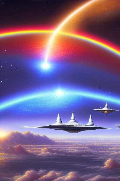 intergalactic very beautiful ufo rainbow futurist