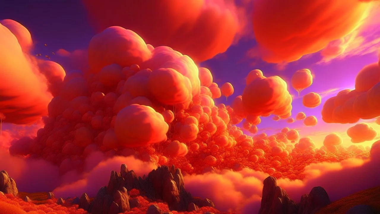 Generate an image of surreal cliff cloud formations in vibrant shades of orange and pink at sunset, with scattered clusters of lion nuts, resembling small bubbles or bubbling cloud formations, beneath them. Lion nuts should have distinctive golden-colored centers and puffy, fluffy white edges, reminiscent of sun-kissed lions' manes. The overall atmosphere should be supernatural and whimsical