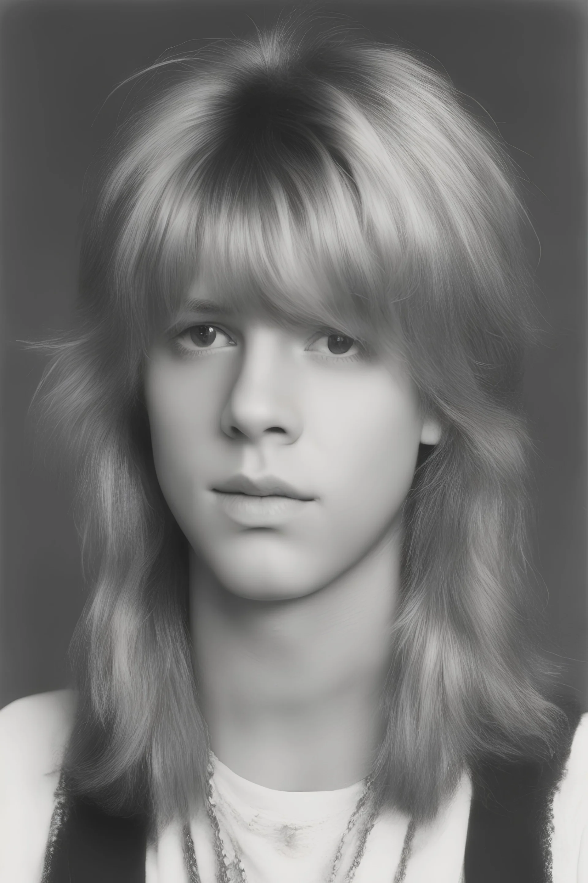 1980's yearbook photo, teenager, Vince Neil, 14 years old, photorealistic, --ar 9:16 --style raw