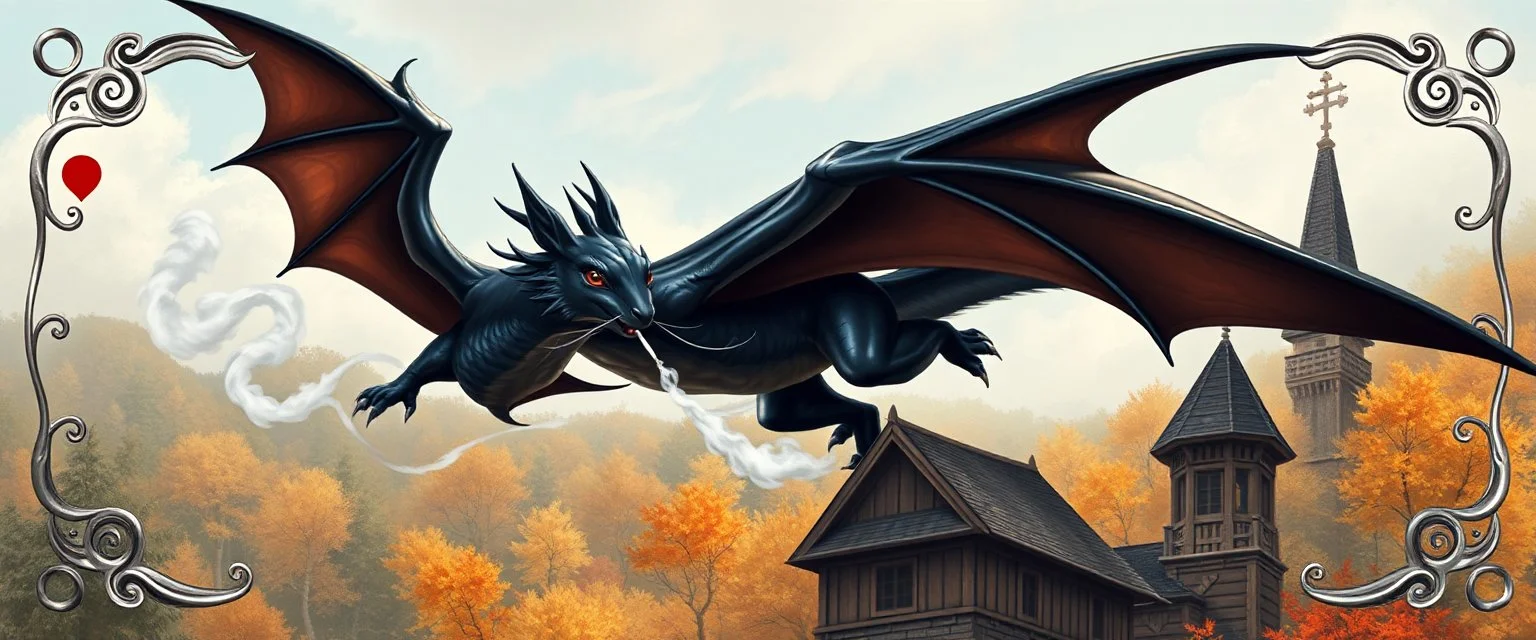 portrait of a shiny black dragon squirrel in autumn, flying above wooden castle, breathing smoke, book cover illustration, with swirly metallic 3d playing card border