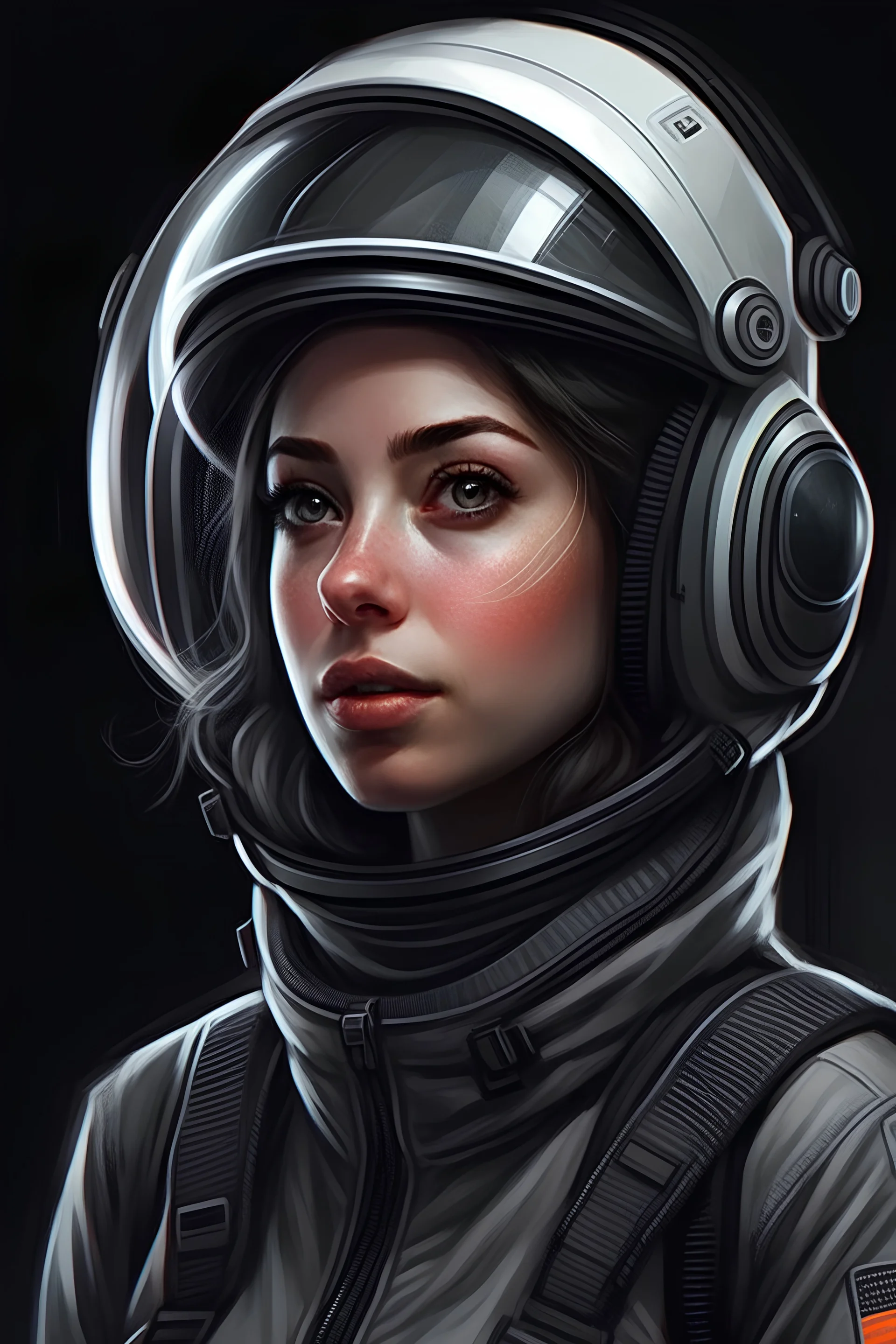 A DIGITAL ART portrait of a sci-fi pilot woman. She is 30 years old. She has a pilot helmet. She is reckless. She has got dreams. Her eyes are beautiful and bright. Grey