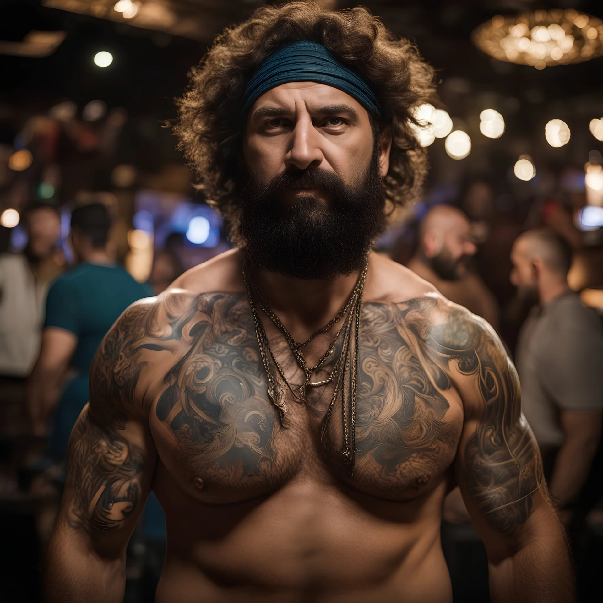 full figure photography of a burly trucker muscular strong 42-year-old turkish in a discoteque, serious, shirtless, short beard, dancing rock shirtless, manly chest, big shoulder, tribal tattoo, very hairy, side light, view from the ground