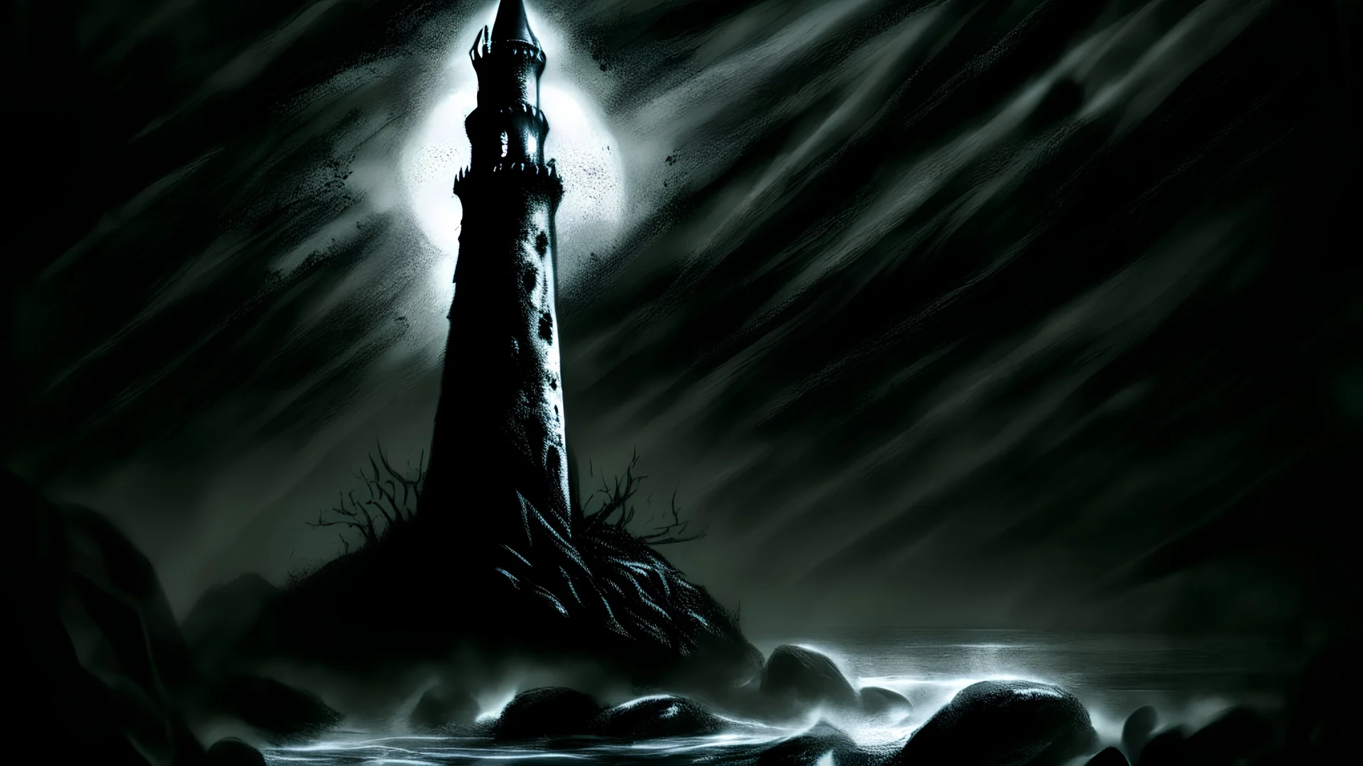Omani dark tower , horror night, dark Grayscale, Mystical Wise