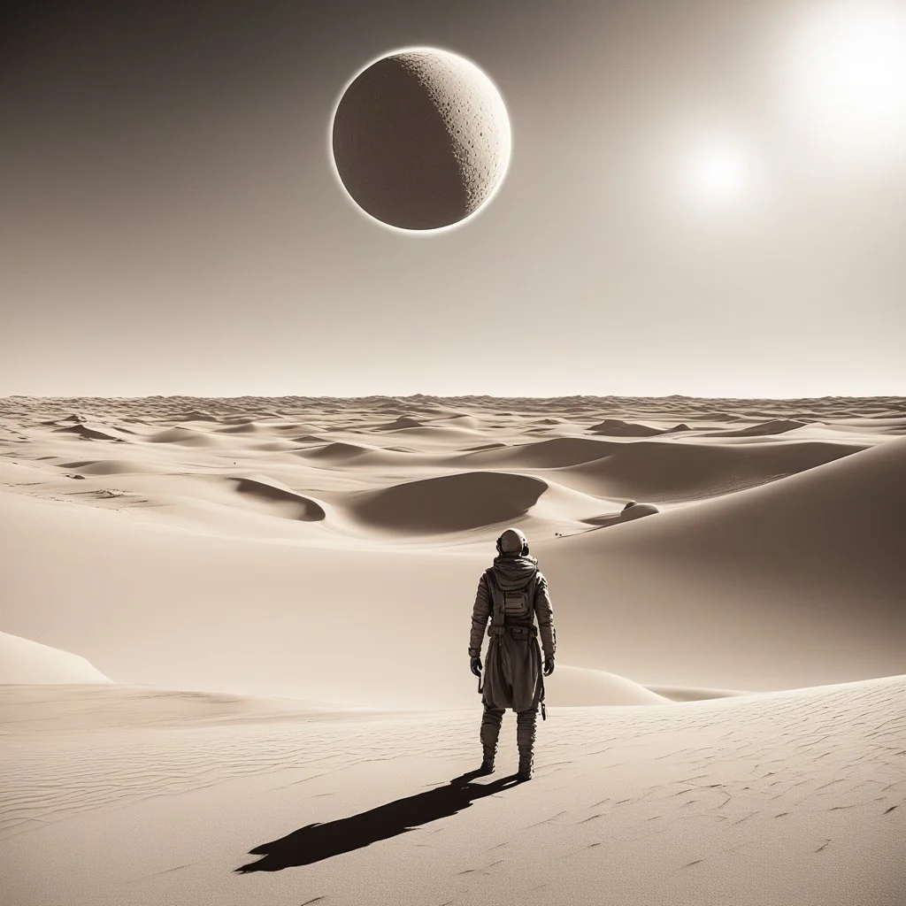 person alone in planet ,analog ,b&w ,Dune-Desert Planet Arrakis: Image of a barren, sandy desert planet with two moons in the sky, conveying the harsh environment of Arrakis., Alexandro Jodorowsy Art,Juan Gimenez Art,Space Art,Sci-Fic Art,Dark Influence,NijiExpress 3D v2,Kinetic Art,Datanoshing,Oil painting,Ink v3,Splash style,Abstract Art,Abstract Tech,CyberTech Elements,Futuristic,Epic style,Illustrated v3,Deco Influence,Air Brush style,drawing