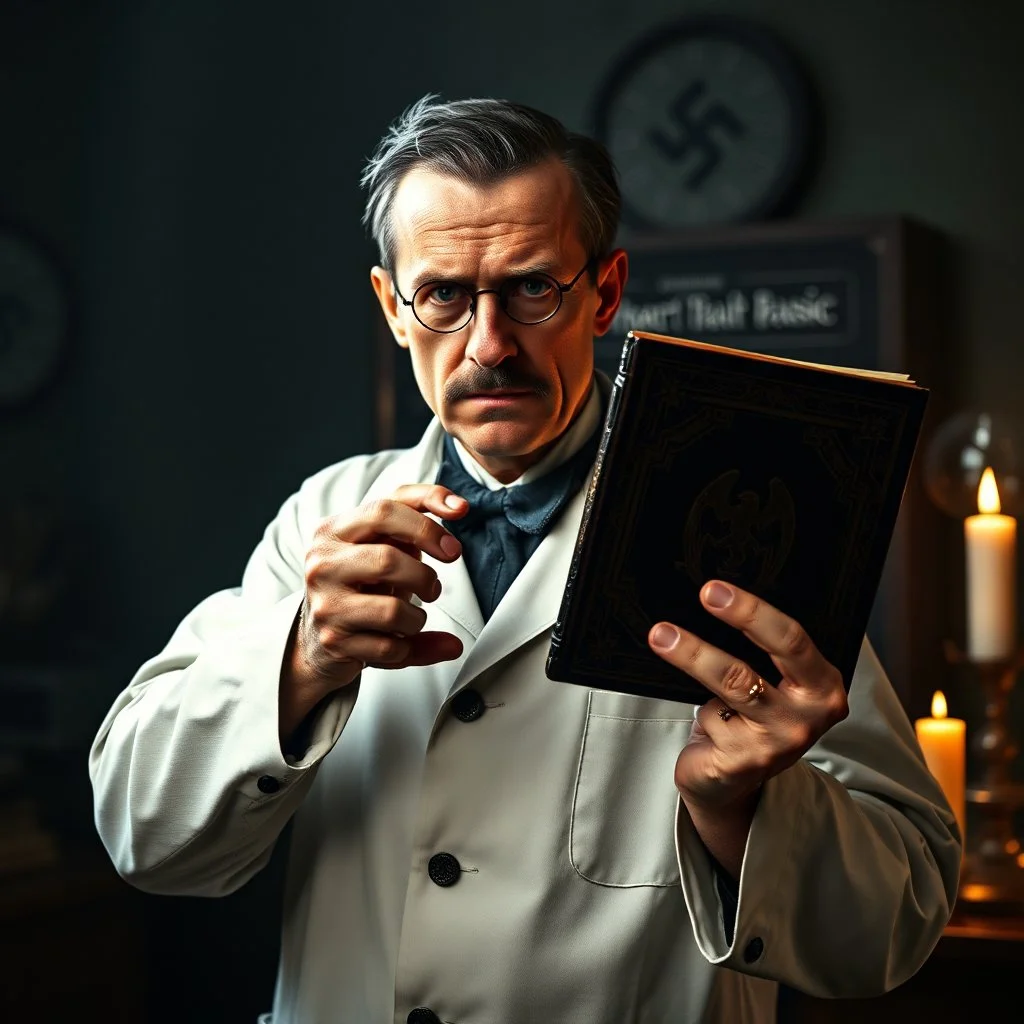 A ww2 german scientist in a lab coat holding a demonic grimoire