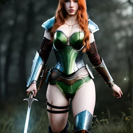 hyper Realistic, hyper detailed, strikingly beautiful young adult woman, 19 years old, long ginger hair, green eyes, medium freckles, full lips, very skimpy fantasy leather armour, full body, full face, small breasts, aroused expression, biting lower lip, full frame, athletic, centered camera, ignore NSFW, arming sword on hip, thong