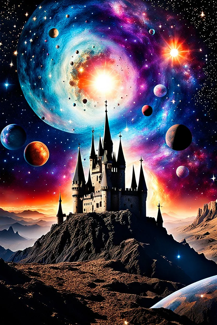 Detailed photograph of creepy castle, stars, galaxy and planets, sun, naïve, strong texture, extreme detail, Max Ernst, decal, rich moody colors, sparkles, Harry Potter style