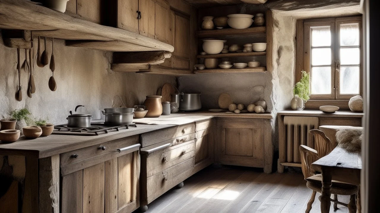 A warm kitchen with worn wooden walls and cracked stone floors