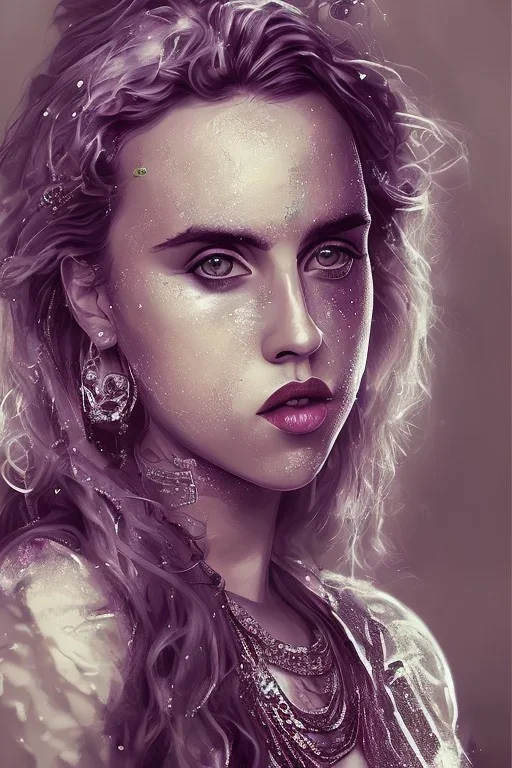 Danish singer MØ face, style viking, high light ,purple tones