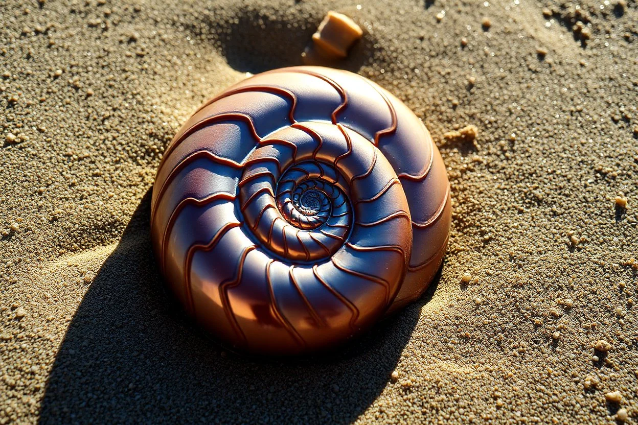 beautiful close up photography of an iridescent-colored spiral of a nautilus shell laying on the rough sand of a beach, moist and glinting in the sun, intricate fractal pattern, Fibonacci sequence, fractal spiral has a complex pattern with precise, consistent geometry, sun glare effect, perfect nature photography, shadows