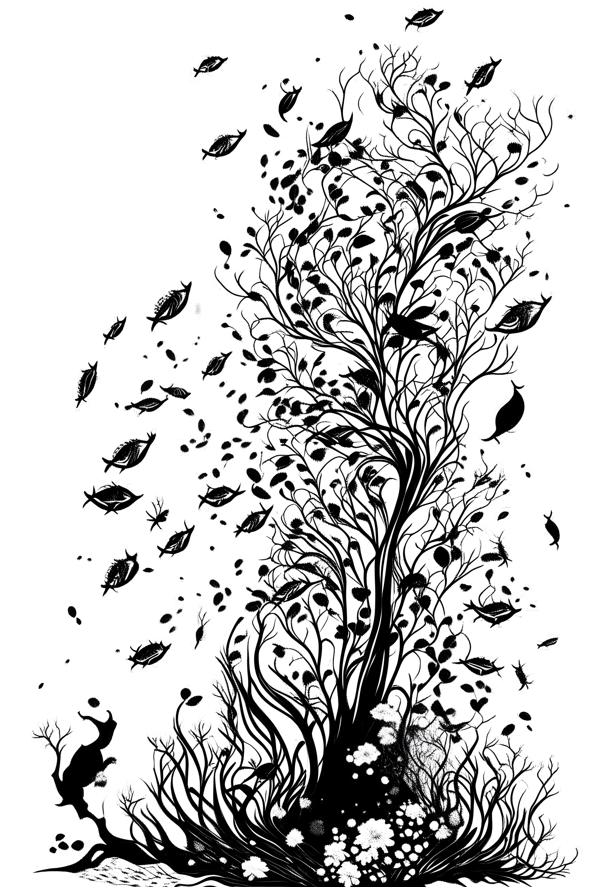 Ink drawing of falling flowers, upward swimming fish, black and white, minimalistic, surreal, dreamy, white background