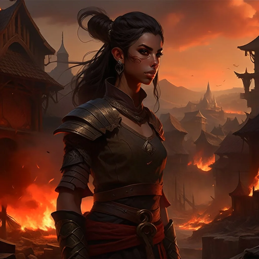 a beautiful dark haired tiefling woman, dressed in a sleeveless battle outfit, watching the burning ruins of a medieval town