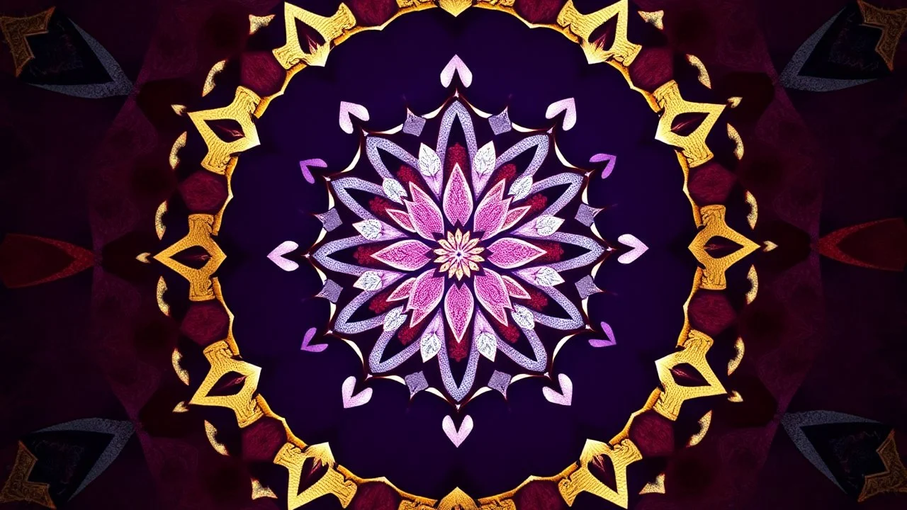 A Geometrical Mandala Using These Colors: Purple, Navy-Blue, Maroon, Shining Golden, Shining Silver, And A Rustic Black.