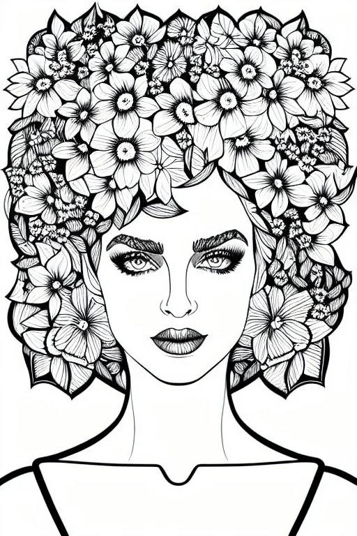 hyper detailed, black and white, thick line, coloring book illustration, lineart, stunningly beautiful woman in flowers