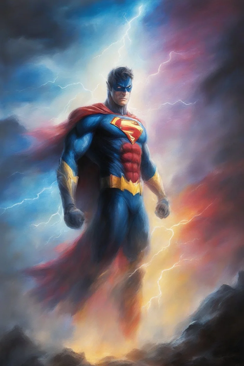 The FlashBatmanSuperman, oil on canvas, extremely colorful, foggy in the foreground, multicolored lightning and outer space in the background, in the art style of Gilbert Stuart