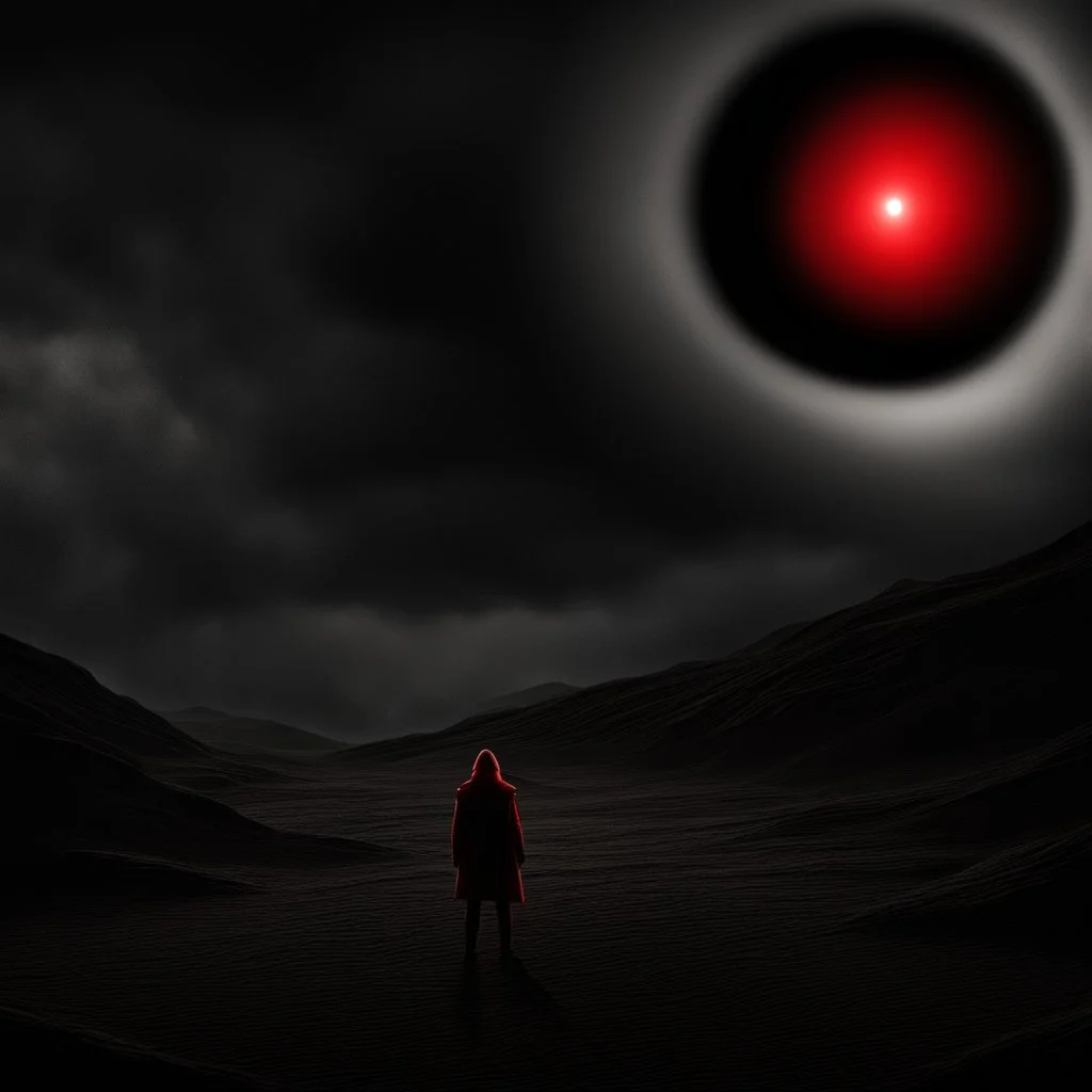 a large ominous red eye watching a person roam a desolate deep black landscape