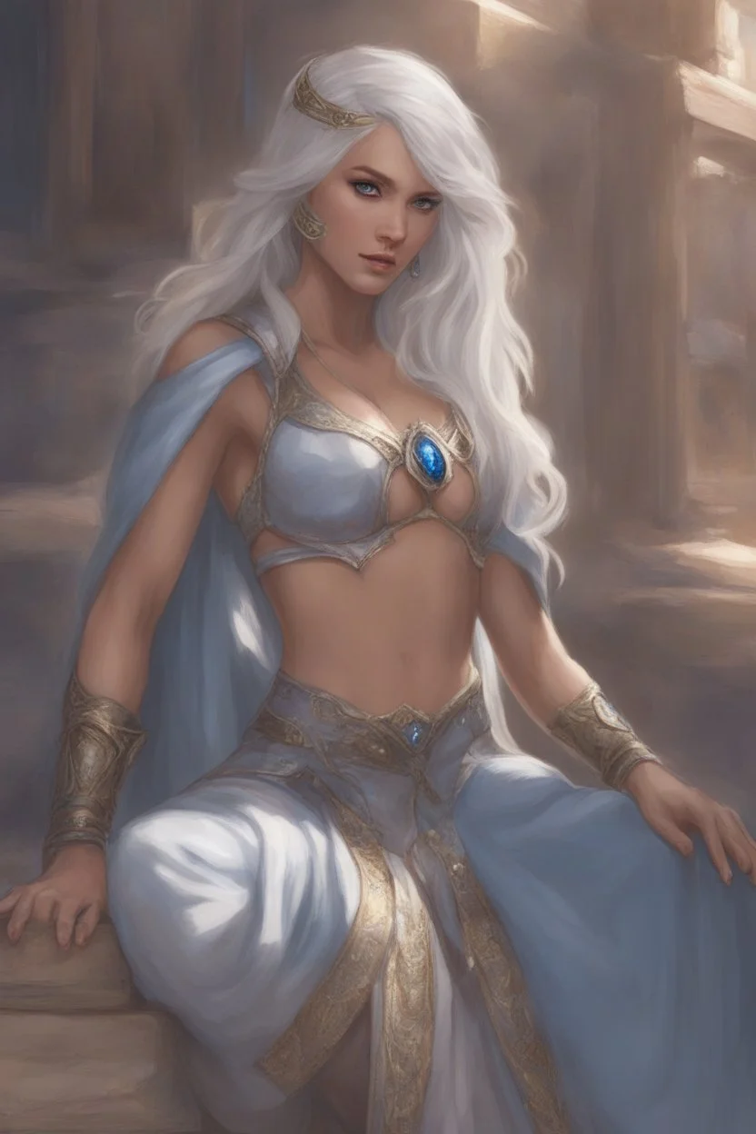 Dnd character on her knees. A female Aaismar twilight cleric with white hair and blue eyes, wearing gray robes. Etreal, beautiful, sexy