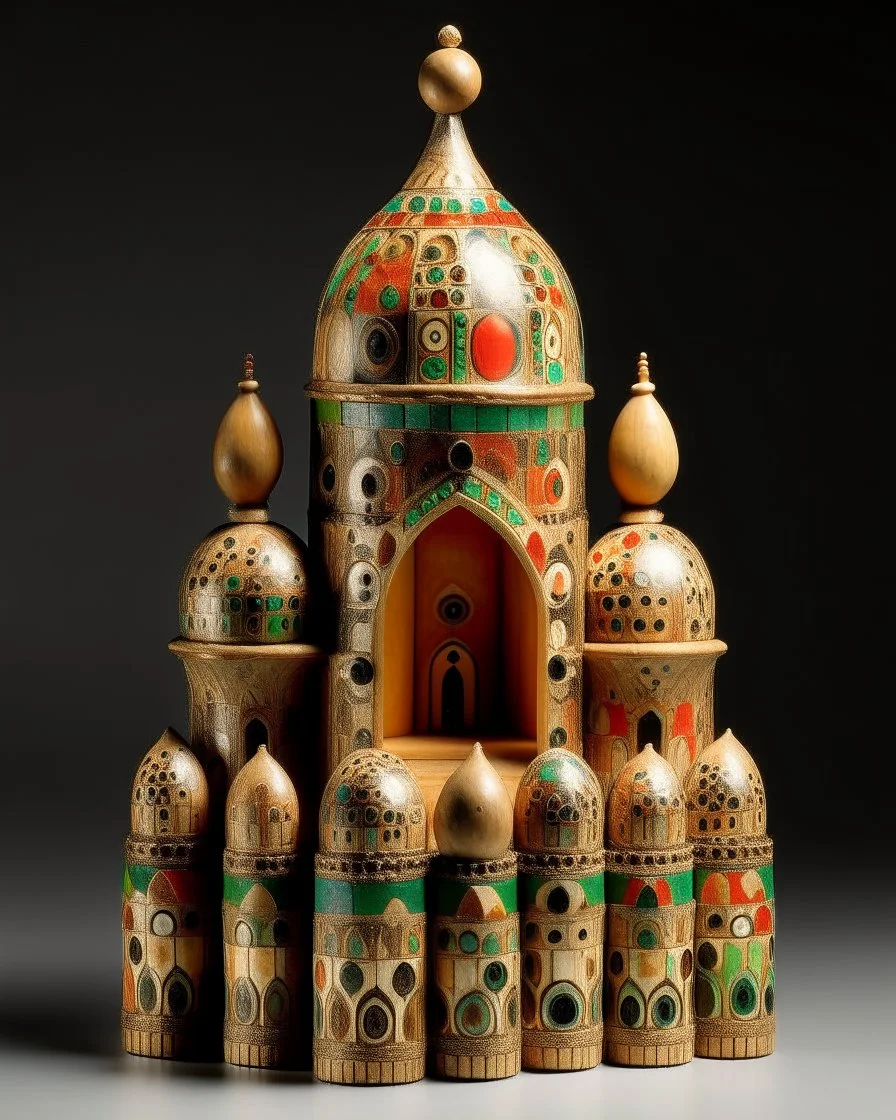 A tan cathedral with musical bells designed in Matryoshka dolls painted by Paul Klee