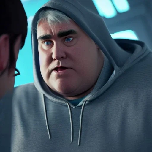 John Candy sad and crying in hoodie cyberpunk very detailed cinematic unreal engine photo realistic