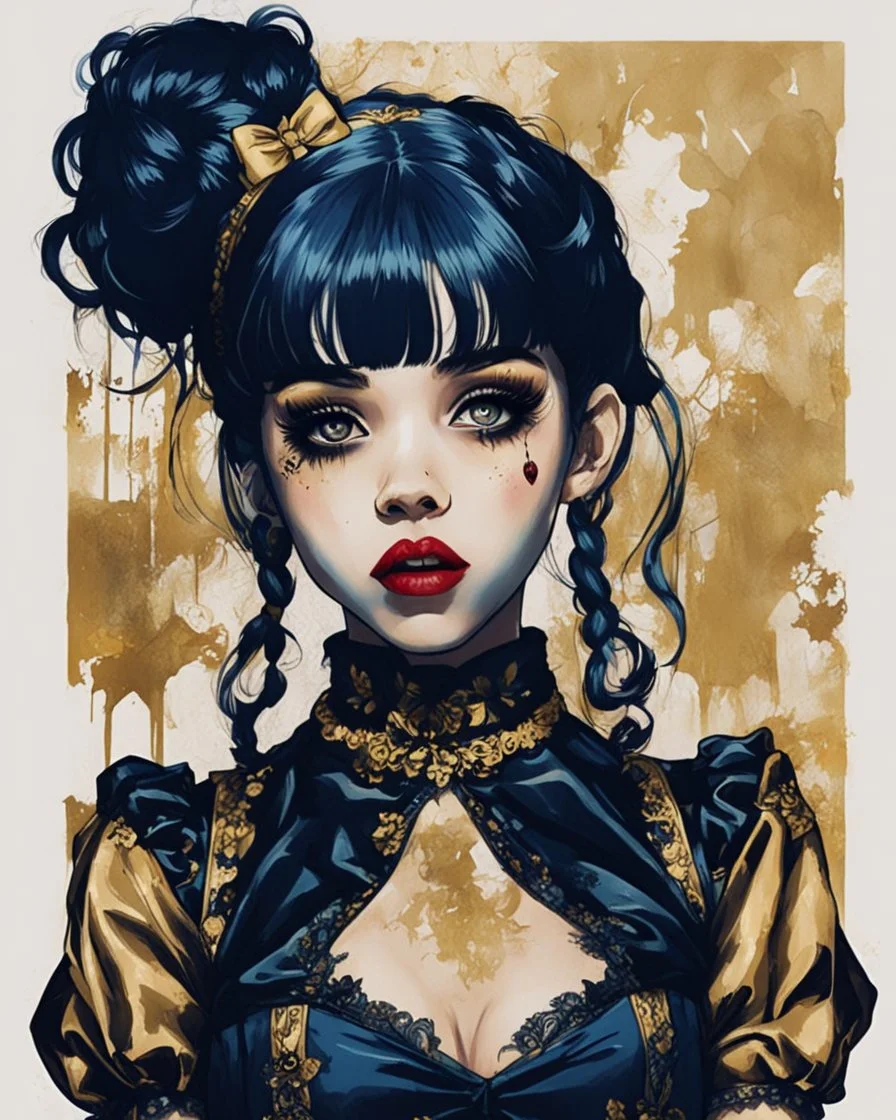 Poster in two gradually, a one side malevolent goth vampire girl face and other side the Singer Melanie Martinez face, full body, painting by Yoji Shinkawa, darkblue and gold tones,