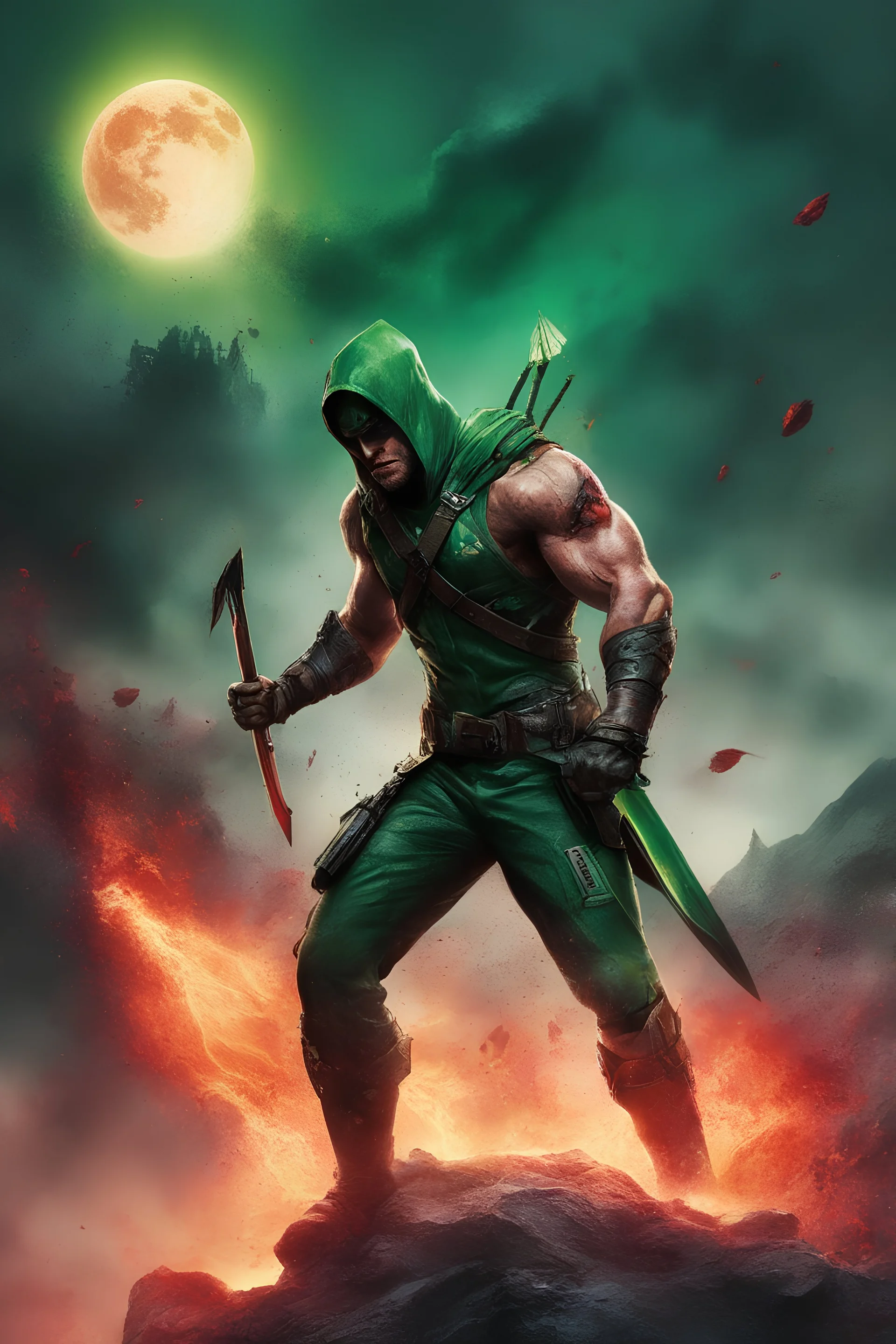 Green Arrow, Strong, athletic physique, action poses, battle scars, blood, foggy, cloudy background, multicolored lightning, flowing lava, Full Eclipse, aliens, explosions, bright, vibrant, extremely colorful, detailed, blood red skies