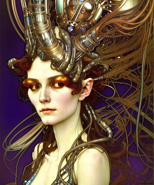 Realistic detailed face portrait of a beautiful futuristic Karen Carpenter queen in opudesignlent alien glass armor by alphonse mucha, ayami kojima, amano, greg hildebrandt, and mark brooks, female, feminine, art nouveau, ornate italian renaissance cyberpunk, iridescent venetian blown glass, neo - gothic, gothic, character concept