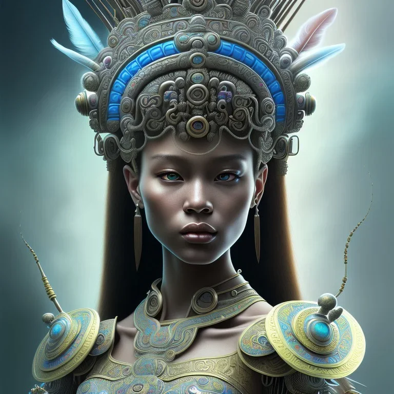 Sango fantasy, fantasy magic, intricate, sharp focus, illustration, highly detailed, digital painting, concept art, matte, art germ and Paul Lewin and Kehinde Wiley, masterpiece Mayan princess dancer head bronze feather's' Asian Latin girl nice breast brown Thai hair turquoise silver blue sky