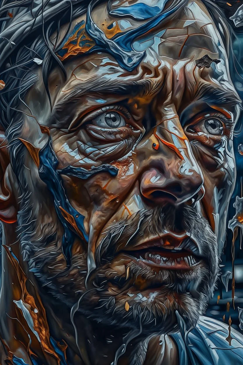 Man face, pain, irony, surrealism, hyper realistic, painting, 8k , chaos