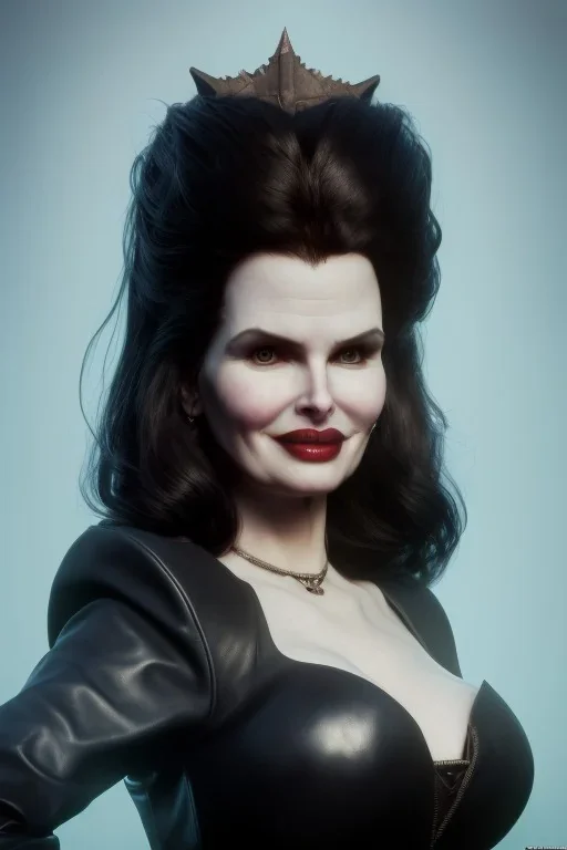 Geena Davis as evil queen in black leather, leather, busty, cleavage, angry, rage, stern look. character design by cory loftis, fenghua zhong, ryohei hase, ismail inceoglu and ruan jia. unreal engine 5, artistic lighting, highly detailed, photorealistic, fantasy