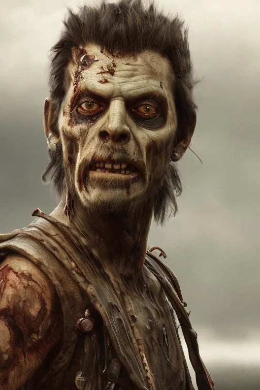 close up portrait of a zombi as a pirate, 2d drawing, background on a boat