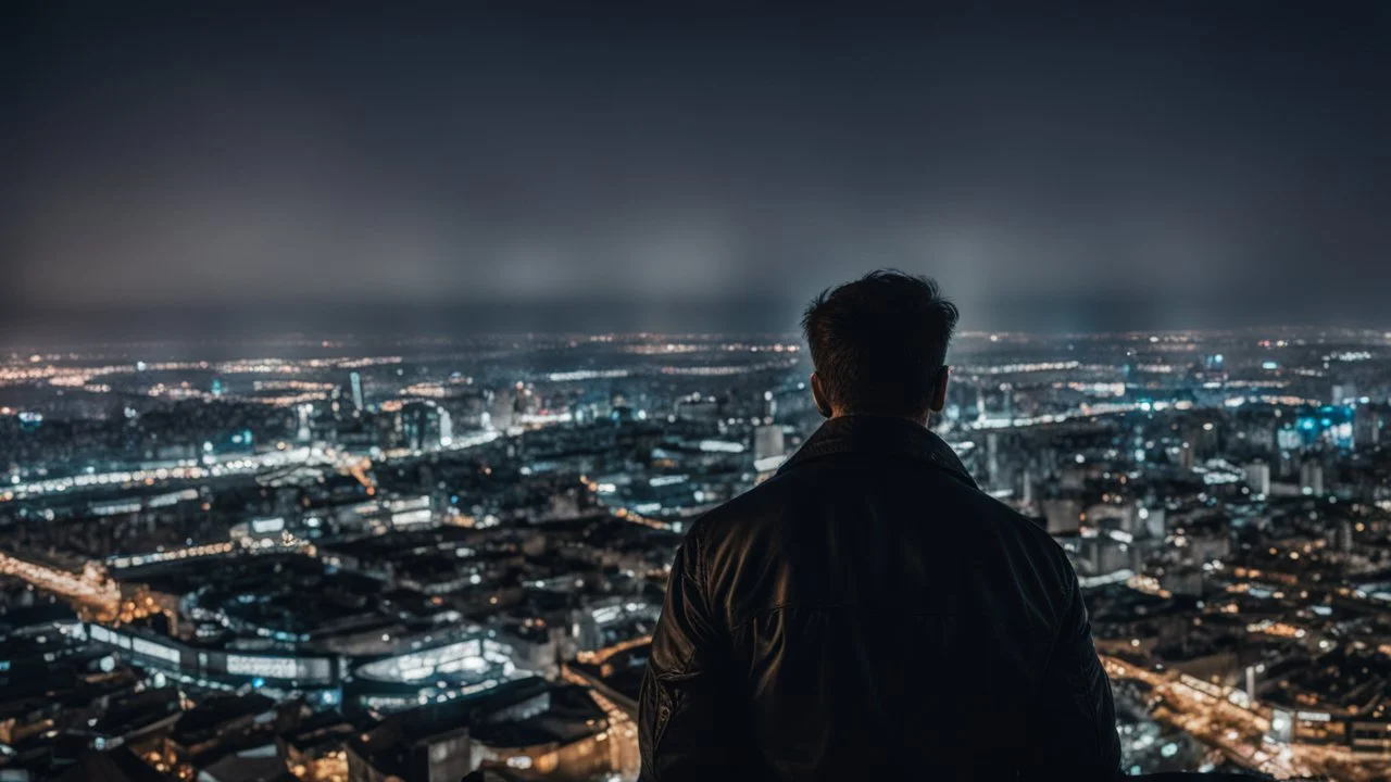 An Englishman in a bomber jacket standing at the top of a tall building looking across a city at night