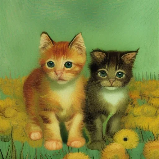 Portrait of kittens in a flower garden by Van Gogh