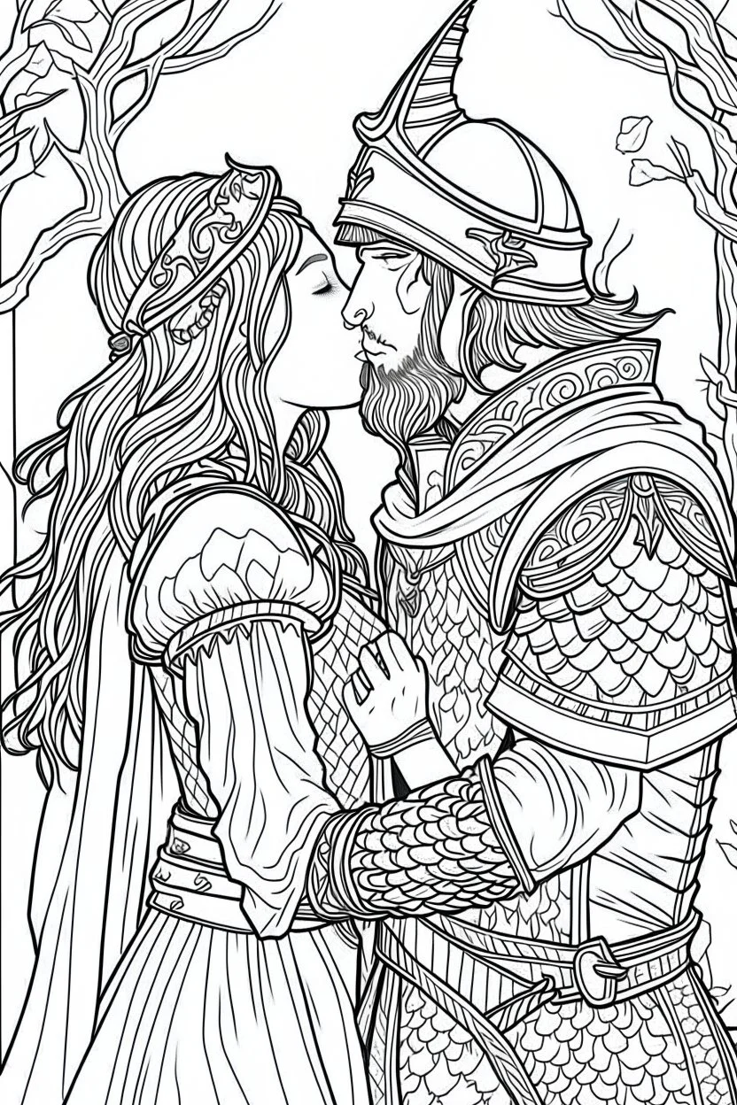 Fantasy coloring page, minimal detail. HD. Woman kissing a male knight with a beard