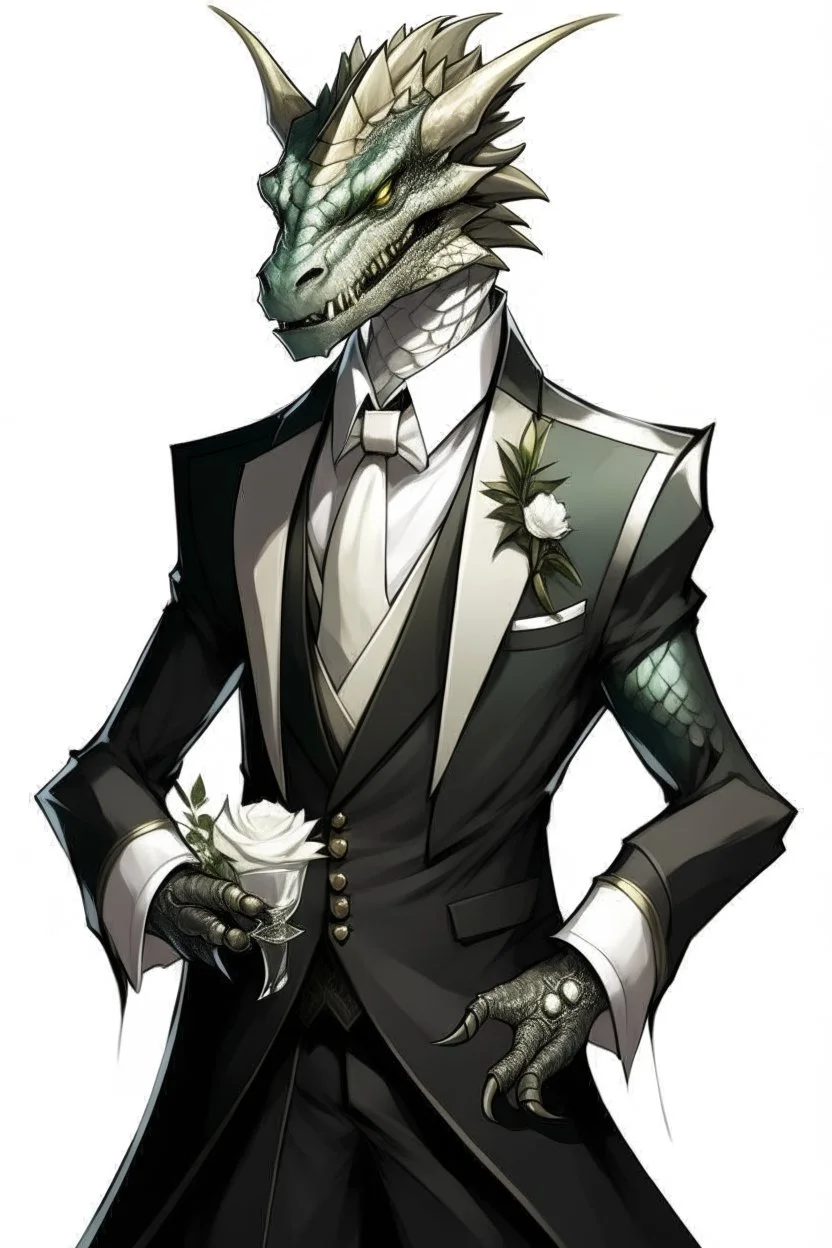 A silver Dragonborn from dnd wearing a tuxedo