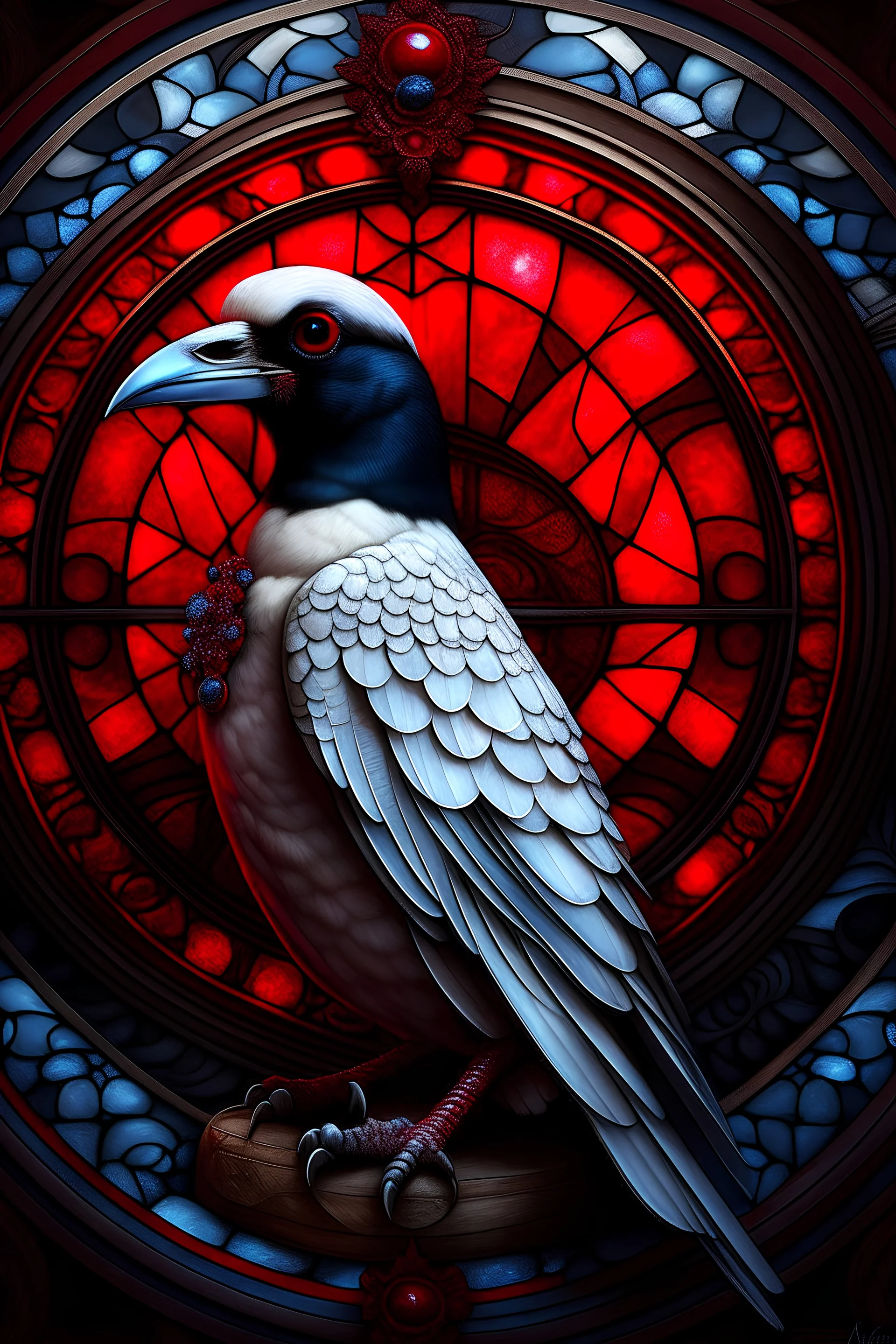 white crow portrait adorned with red jewels and victorian clothes, moonlight, stained glass window