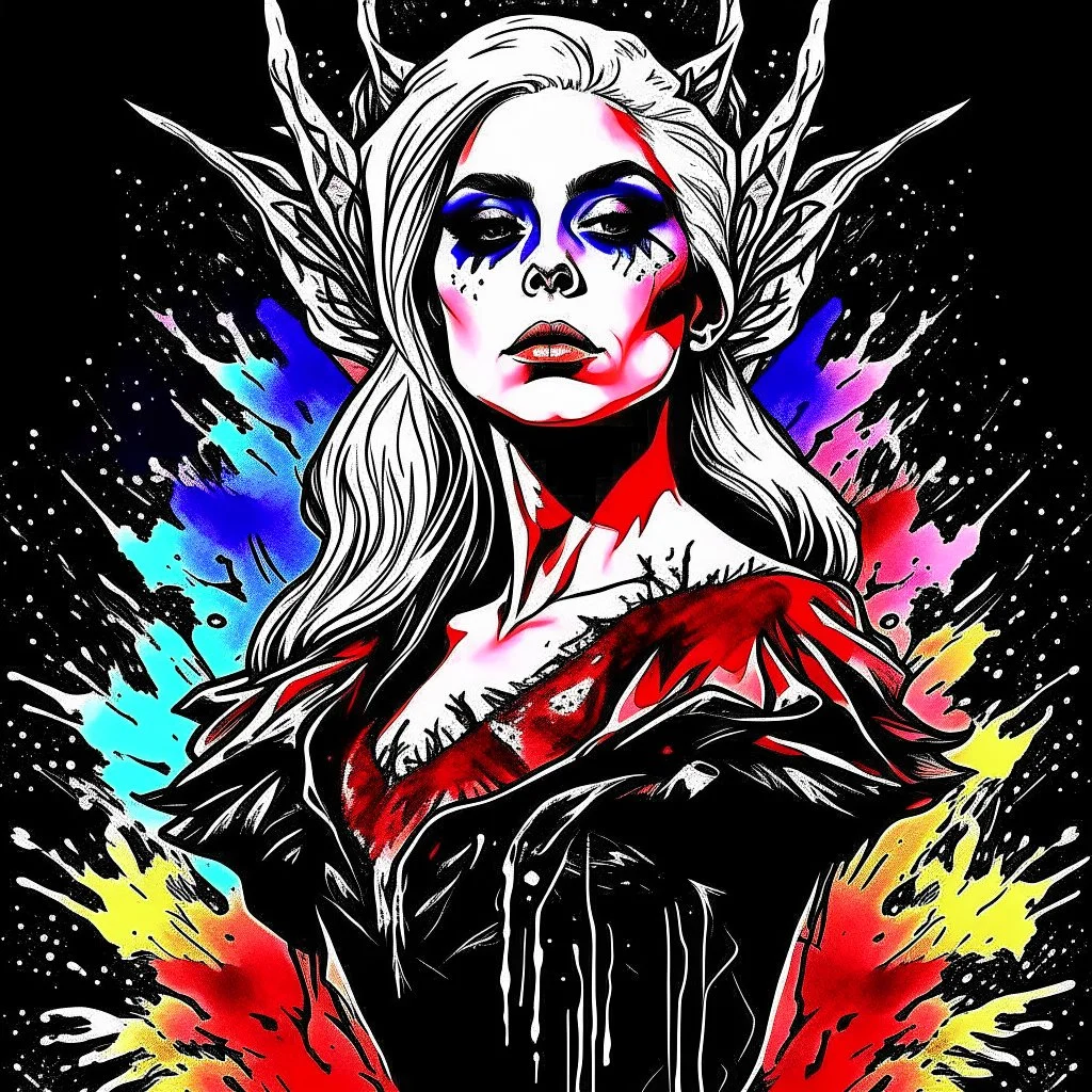 Lady Gaga as a sexy evil demon portrait || T-shirt art, minimalist, watercolor fountain pen, violent colors, sinister, by Zdzislaw Beksinski, by Carri Ann Baade, artistic diffusion, ink splatter.