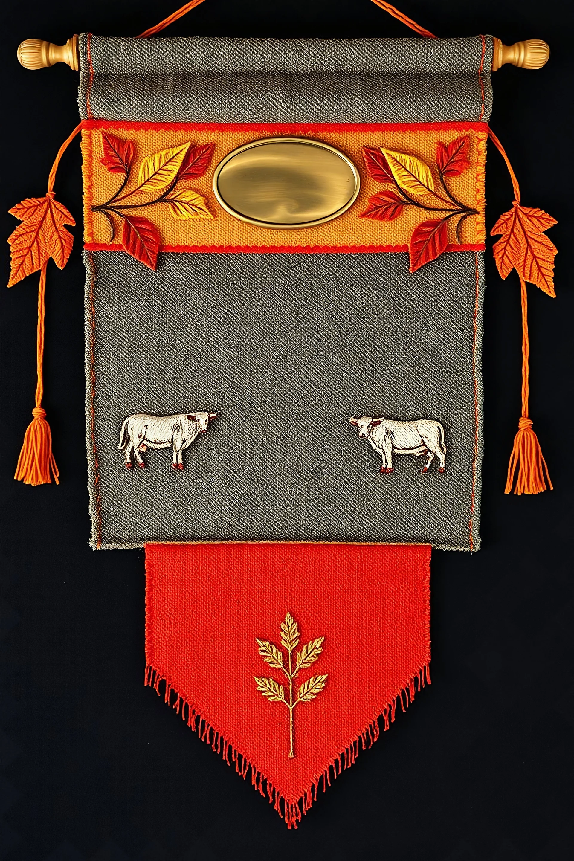 an autumn colored textured cloth banner hanging with embroidered ornamental leaves and cows, small blank oval brass engraving plate in upper middle, banner is downward pointed bottom, on dark background