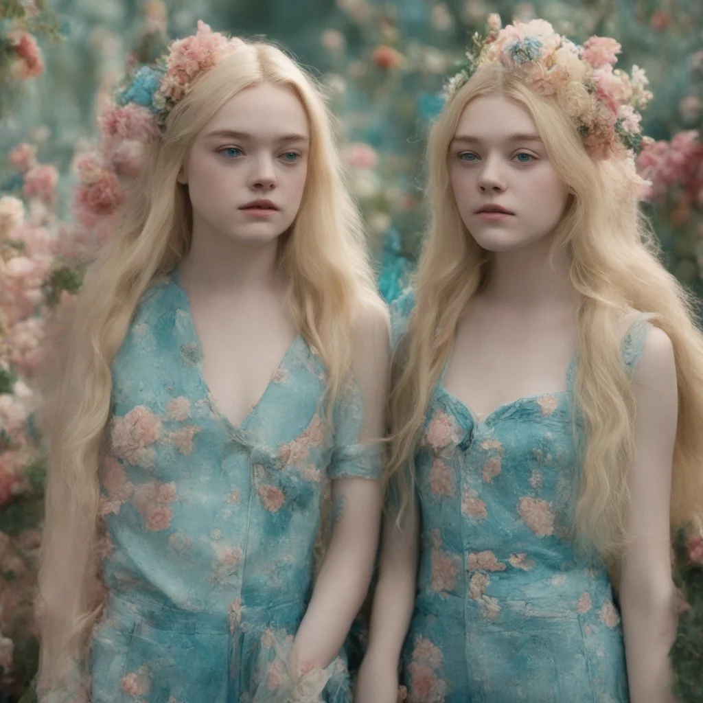 Elle fanning and dakota fanning as flowers, turquoise, jean.