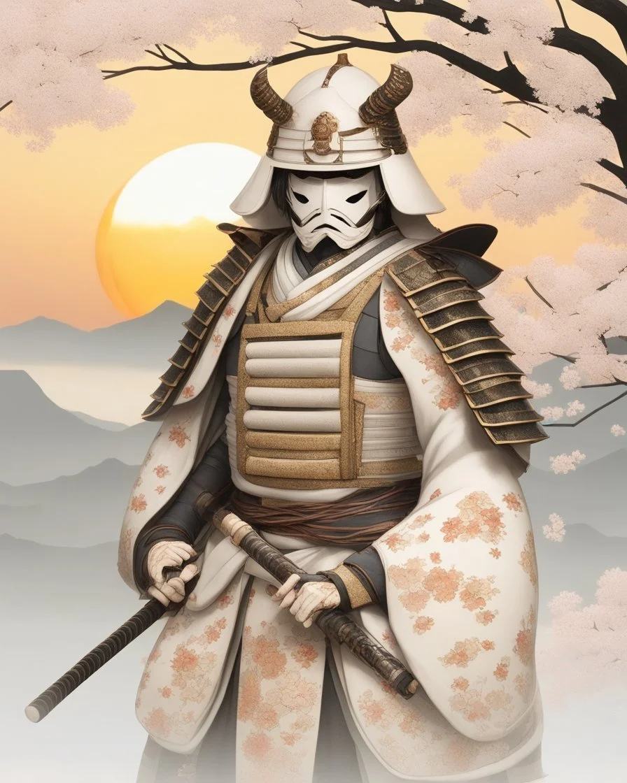 Fascinating portrait of male samurai in exquisite ukiyo-e porcelain armor, adorned with delicate floral motifs, harmonious combination of soft whites and earthy tones, powerful pose, with samurai helmet, imposing presence accentuated by the grip of a magnificent white porcelain katana . Ukiyo-e inspired landscape, golden sunset and Sakura trees create a captivating cinematic atmosphere. Full body