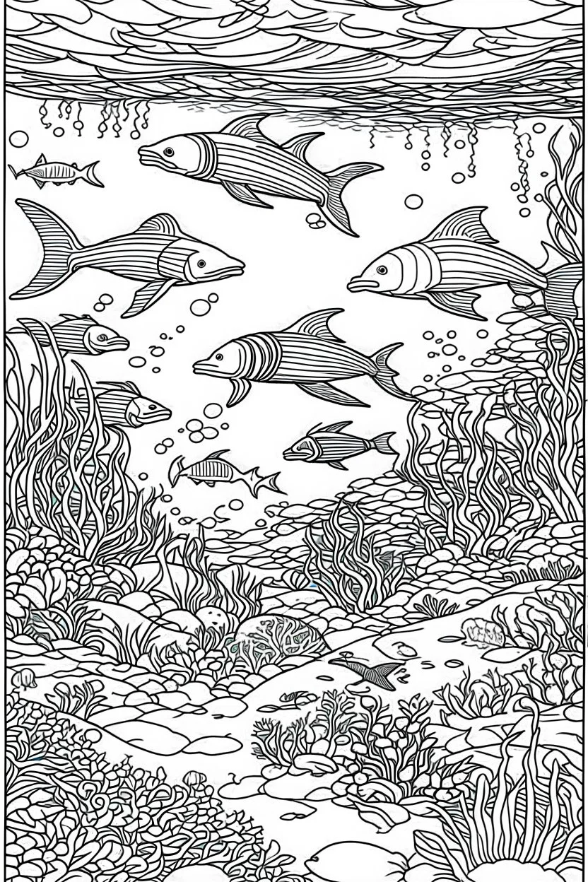 STRESS RELIEF themed coloring page for adult, A serene underwater world teeming with gracefully gliding sea turtles, colorful coral, and playful dolphins in a spectrum of calming blues and greens, cartoon style, thick outline, low details, no shading, no color