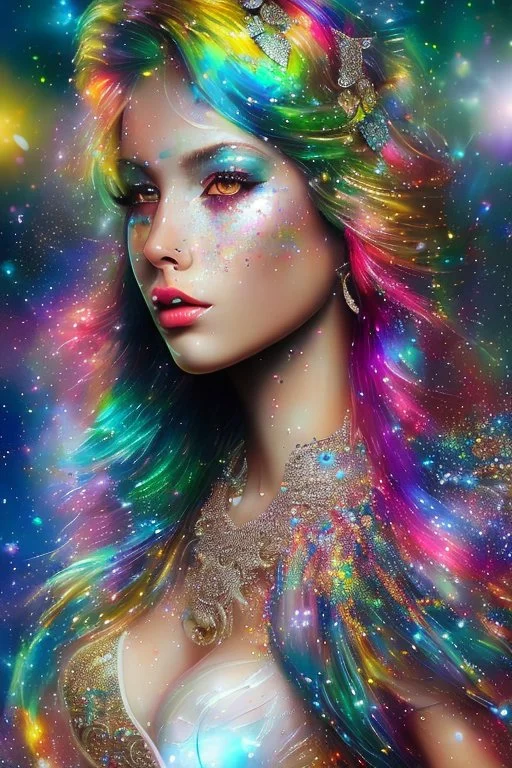 photo realistic painting ((full body)) ((stunningly attractive)) a woman at a music festival, ((perfect feminine face)), (+long colorful wavy hair), (+glitter freckles), glitter, wearing a dress, intricate, 8k, highly detailed, volumetric lighting, digital painting, intense, sharp focus, sitting on a majestic chair