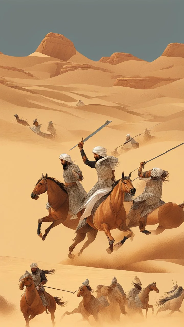 A picture of an Islamic battle with swords and horses, in the desert