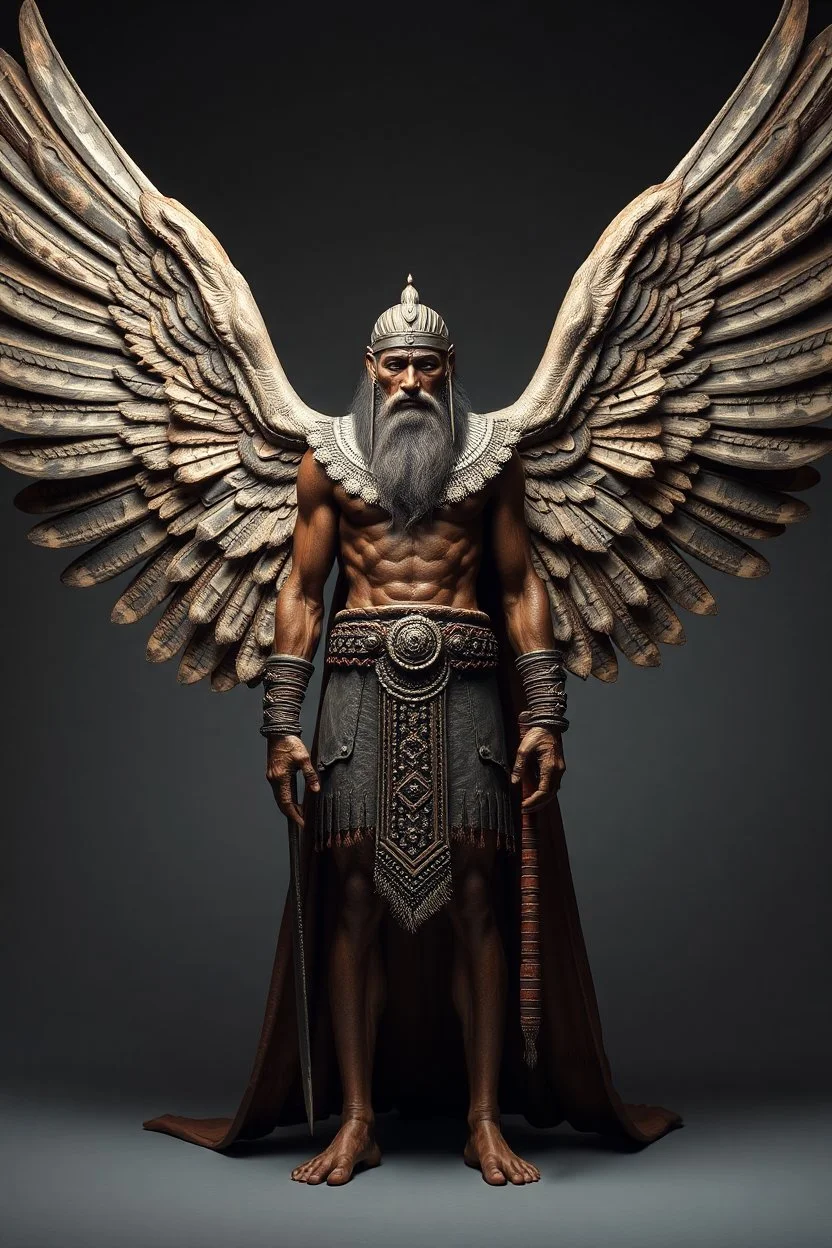 Sumerian warrior wings with fathers full body front view, studio photograph, very aesthetic, highly detailed, brilliant composition, hyper realistic, photorealistic, subsurface scattering matt painting