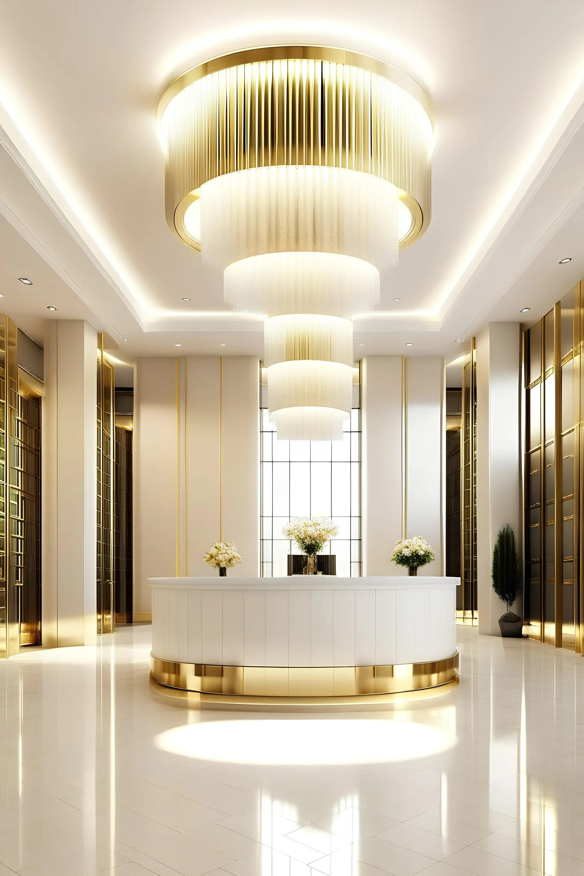 grand luxurious tower reception lobby with little white and gold modern interior theme