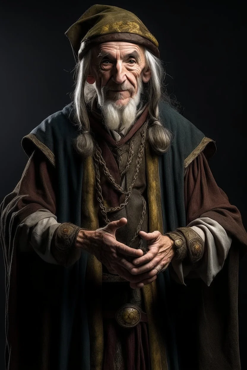 elf male in his fifties wizard wearing medieval clothes with hands behind his back