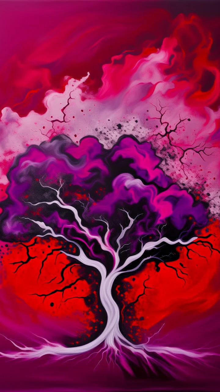 Painterly. Abstract. A white purple in red silk raiments. Anomalous red cloud issuing forth from the heart. Simple yet majestic, a tree in black