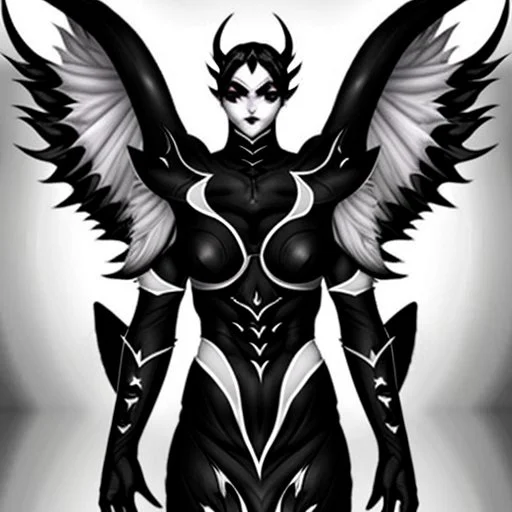 angel, demon, angel demon hybrid, half angel, half demon, black angel wings, white demon wings, black and white, balance, horns, armor, noble clothes, black and white armor, black and white clothes